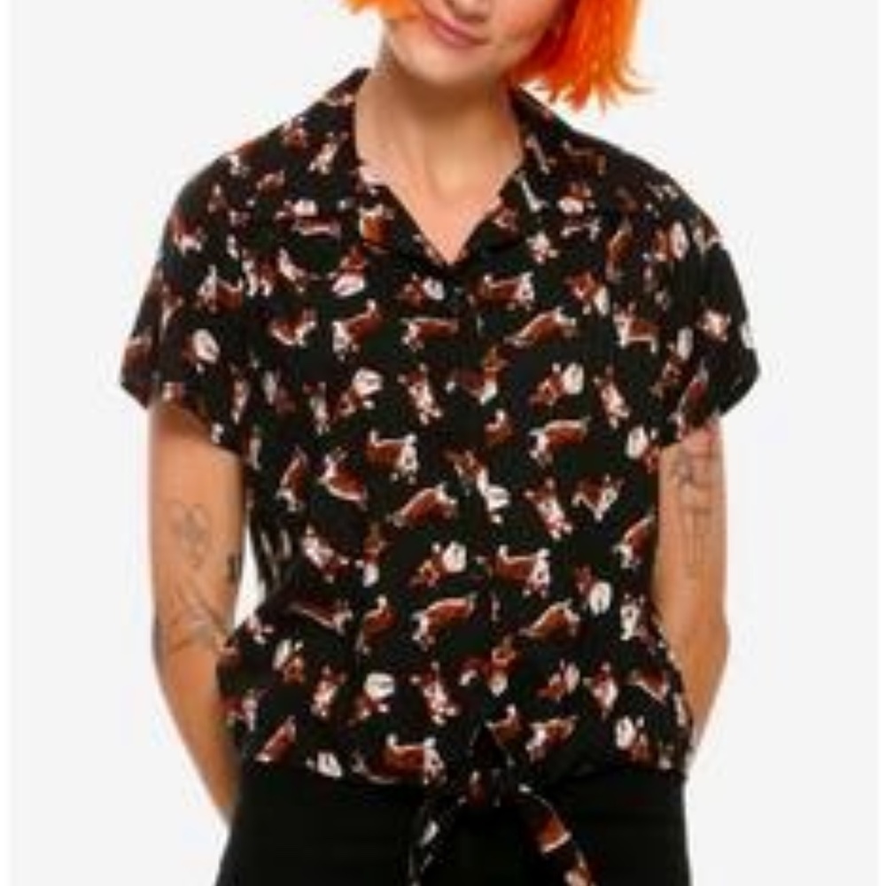Hot Topic Corgi Party Tie-Front Button Up, 3XL